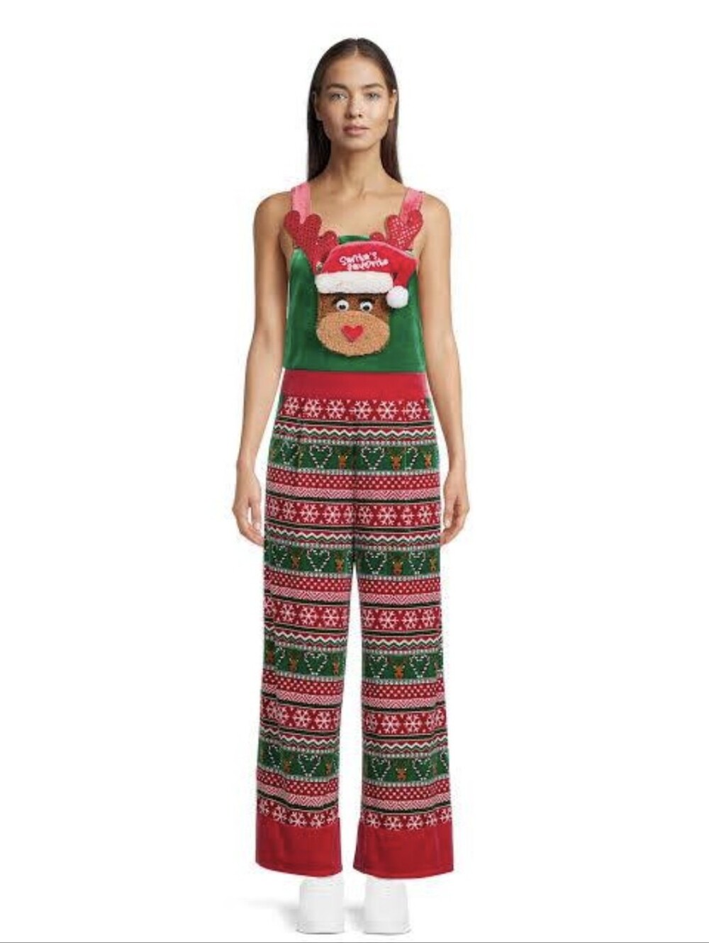 No Boundaries Red and Green Reindeer Holiday Jumpsuit